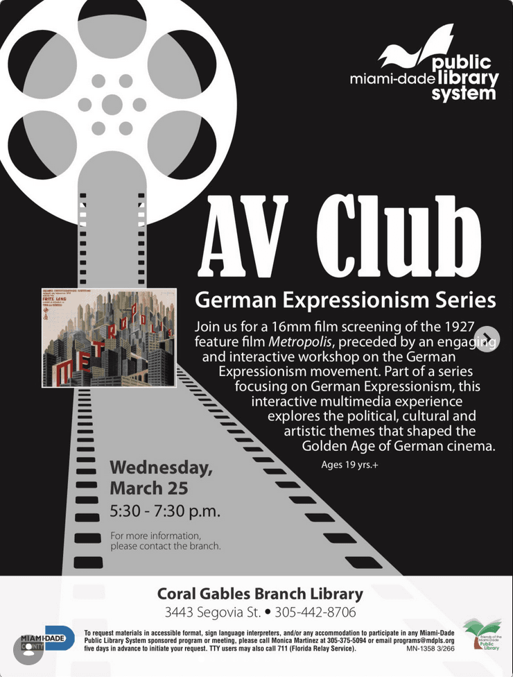 AV Club: German Expressionism Series - Metropolis event flyer — Art, Community, Literature at Coral Gables Branch Library, 2026-03-25