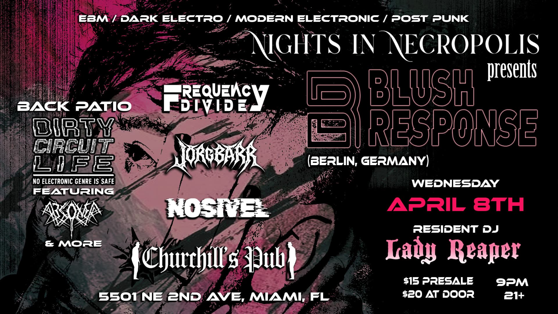 Nights In Necropolis Presents Blush Response & More — event at Churchills Pub (Main Stage) during Miami Music Week 2026