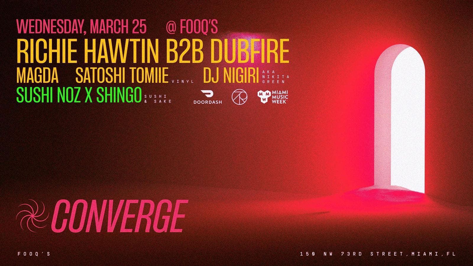 Converge: Richie Hawtin B2B Dubfire event flyer — Dance Party at Lion's Den, 2026-03-25